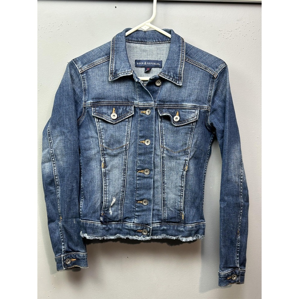 Rock & Republic Jacket Womens XS Blue Denim Distressed Trucker Raw Hem Button